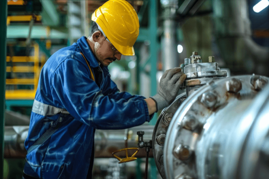 A man in a hard hat is working on a pipe, focused on his task in a construction environment.