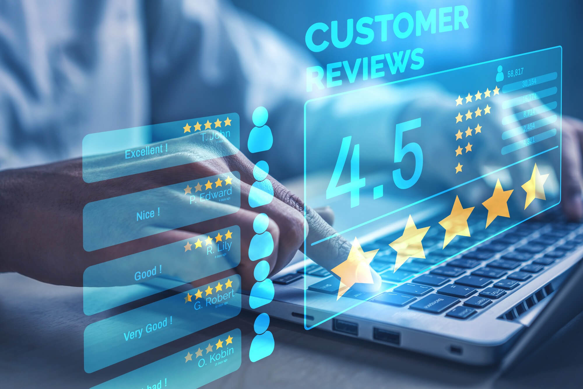 Customer reviews displayed on a laptop screen, showcasing feedback and ratings for a product or service.