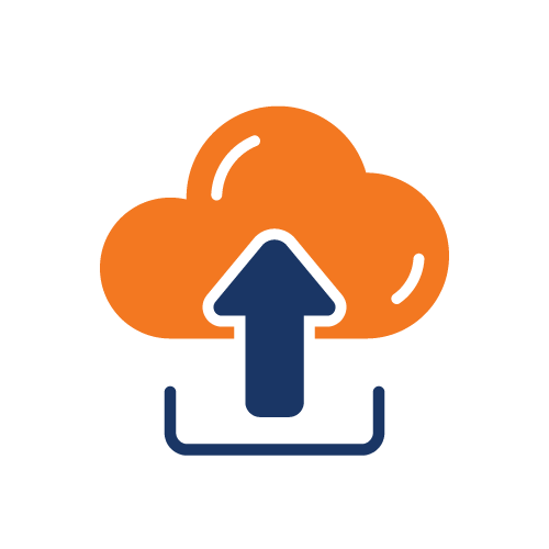 Icon of an orange cloud with a blue upward arrow, symbolizing uploading data to the cloud.