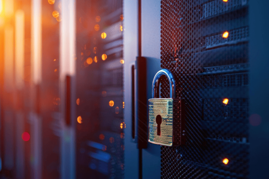 A padlock secured on a server rack, symbolizing data protection and security measures in a technology environment.