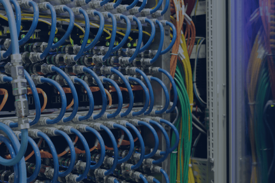 Close-up of a server room rack filled with numerous colorful cables organized for efficient connectivity.