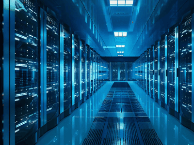 A long hallway lined with rows of servers, showcasing a modern data center environment.