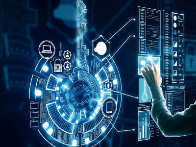 A man interacts with a futuristic touchscreen interface, exploring advanced technology features